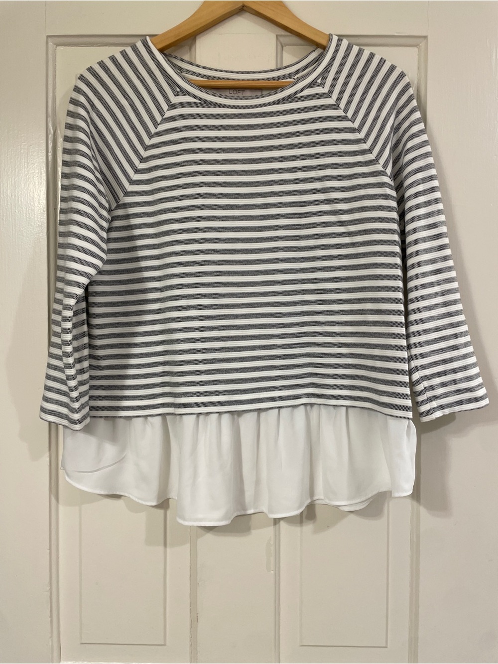 LOFT Gray & White Striped Layered Hem Peplum Pullover NWOT Size M
